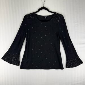 Lucky Brand Black Top White Polka Dots 3/4 Ruffle Bell-Sleeve Size Medium Boho